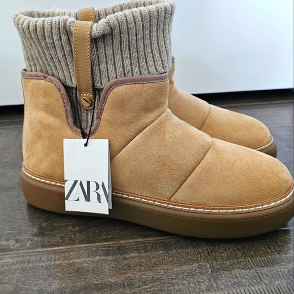New Zara Tan Winter Booties with Knit Collar Sz 10 - Picture 7 of 9